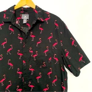 Summer Flamingo Short Sleeve Collar Button Up Tee Shirt Top in Black, Pink (L)